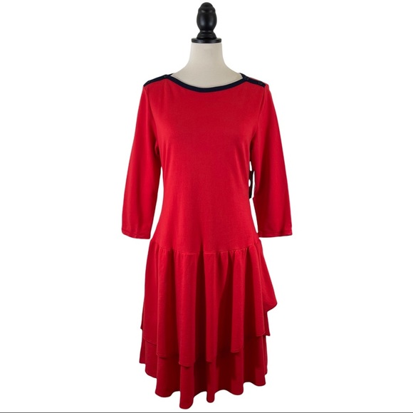 Ralph Lauren Dresses & Skirts - Ralph Lauren Red Dress 3/4 Sleeve Tiered Ruffle Hem Skirt, Size M
